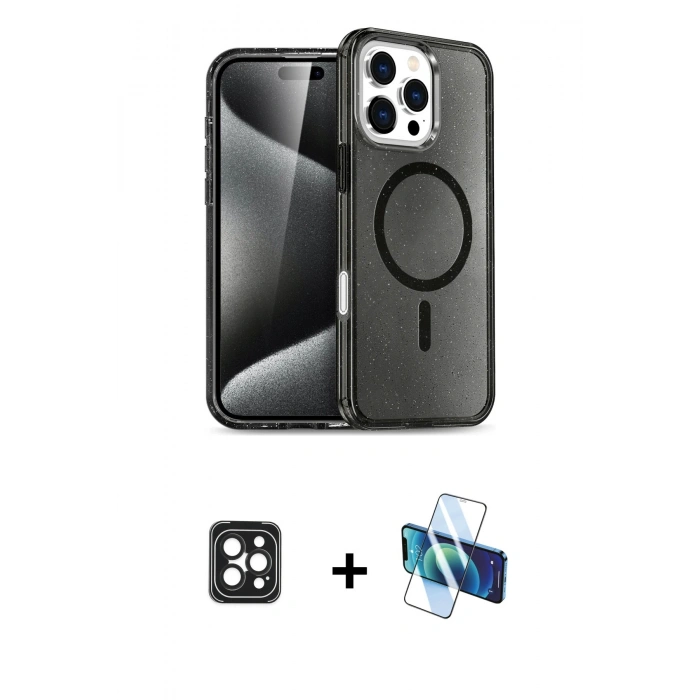 MARSİLYAN™- iPhone 16 Pro Max Kılıf Nova Asil Prime - Siyah 3D Antistatik Seramik Nano Ekran Koruyucu + Siyah PVD Metal Kamera Lens