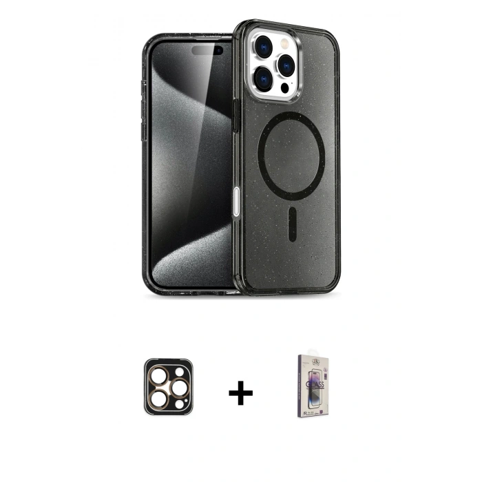 MARSİLYAN™- iPhone 16 Pro Max Kılıf Nova Asil Prime - Siyah Bilvis 3D Cam Ekran Koruyucu + PVD Metal Kamera Lens - GD