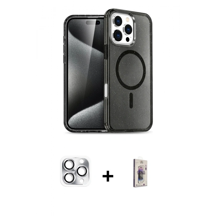 MARSİLYAN™- iPhone 16 Pro Max Kılıf Nova Asil Prime - Siyah Bilvis 3D Cam Ekran Koruyucu + Gümüş Pers Alüminyum Kamera Lens