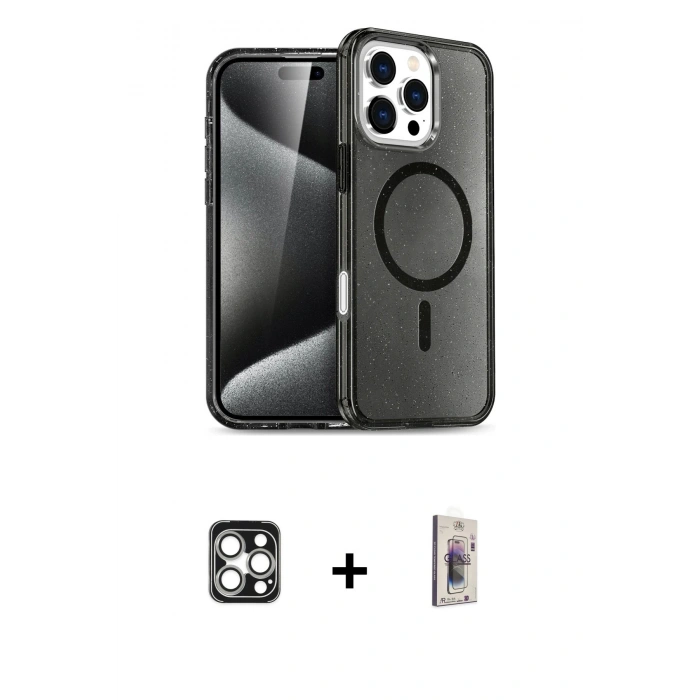 MARSİLYAN™- iPhone 16 Pro Max Kılıf Nova Asil Prime - Siyah Bilvis 3D Cam Ekran Koruyucu + PVD Metal Kamera Lens - GS