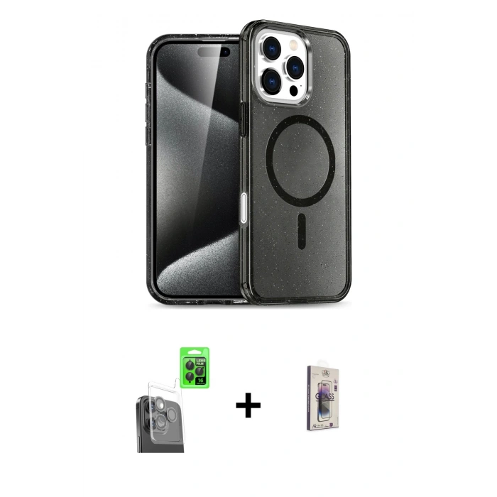 MARSİLYAN™- iPhone 16 Pro Max Kılıf Nova Asil Prime - Siyah Bilvis 3D Cam Ekran Koruyucu + Raze Metal Kamera Lens - SH
