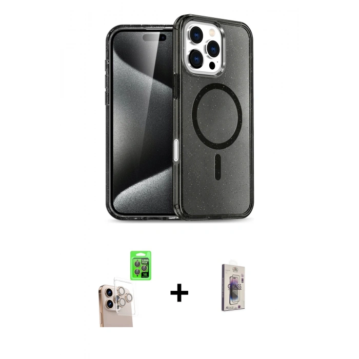 MARSİLYAN™- iPhone 16 Pro Max Kılıf Nova Asil Prime - Siyah Bilvis 3D Cam Ekran Koruyucu + Raze Metal Kamera Lens - NLGY