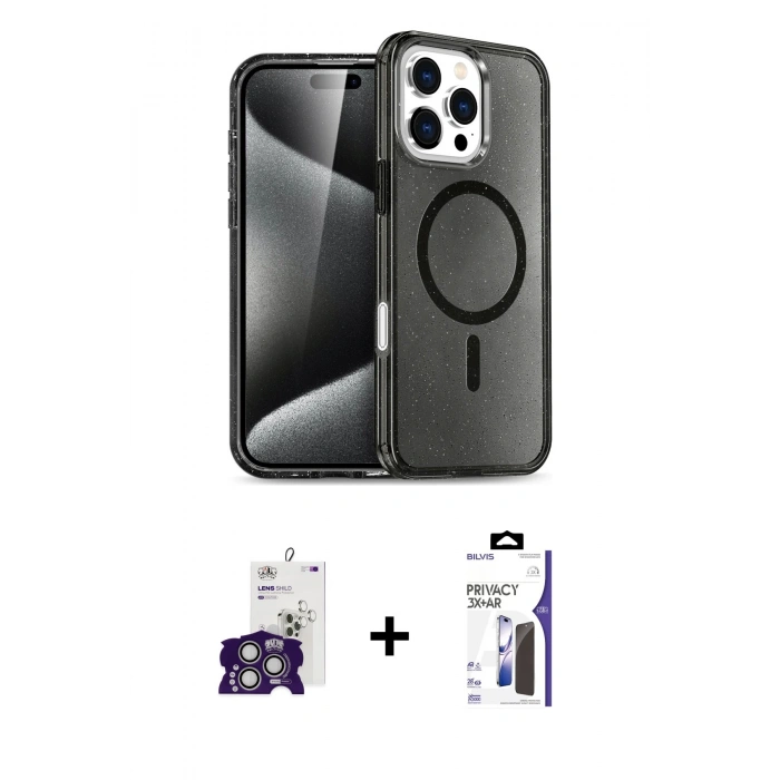 MARSİLYAN™- iPhone 16 Pro Max Kılıf Nova Asil Prime - Siyah Bilvis 3X AR Hayalet Cam Ekran Koruyucu + Bilvis Titan Kamera Lens - GS