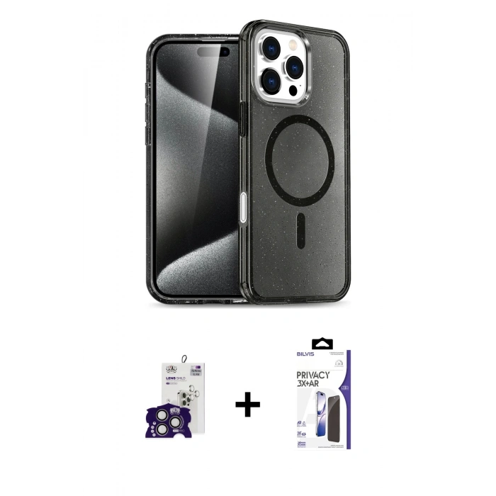 MARSİLYAN™- iPhone 16 Pro Max Kılıf Nova Asil Prime - Siyah Bilvis 3X AR Hayalet Cam Ekran Koruyucu + Bilvis Titan Kamera Lens - TMGI