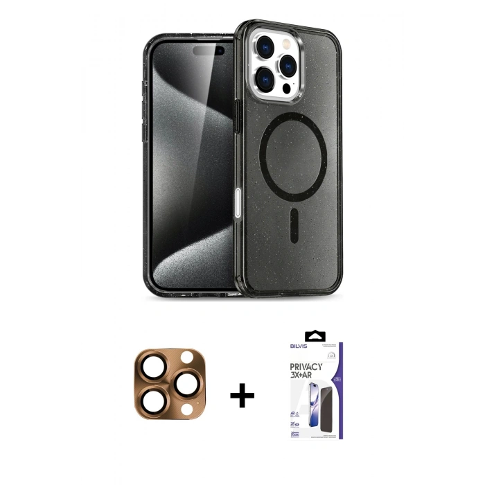 MARSİLYAN™- iPhone 16 Pro Max Kılıf Nova Asil Prime - Siyah Bilvis 3X AR Hayalet Cam Ekran Koruyucu + Pers Alüminyum Kamera Lens - CLTM