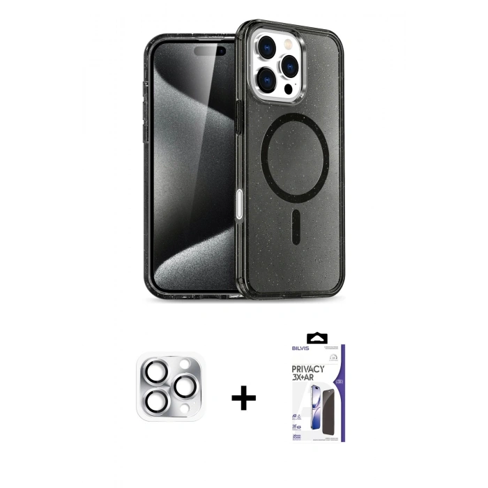 MARSİLYAN™- iPhone 16 Pro Max Kılıf Nova Asil Prime - Siyah Bilvis 3X AR Hayalet Cam Ekran Koruyucu + Pers Alüminyum Kamera Lens - GS