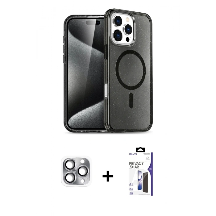 MARSİLYAN™- iPhone 16 Pro Max Kılıf Nova Asil Prime - Siyah Bilvis 3X AR Hayalet Cam Ekran Koruyucu + Pers Alüminyum Kamera Lens - GI
