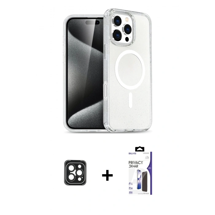 MARSİLYAN™- iPhone 16 Pro Max Kılıf Nova Asil Prime - Siyah Bilvis 3X AR Hayalet Cam Ekran Koruyucu + PVD Metal Kamera Lens - SH