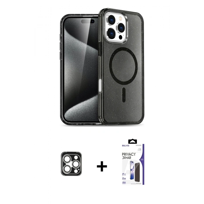MARSİLYAN™- iPhone 16 Pro Max Kılıf Nova Asil Prime - Siyah Bilvis 3X AR Hayalet Cam Ekran Koruyucu + PVD Metal Kamera Lens - GS