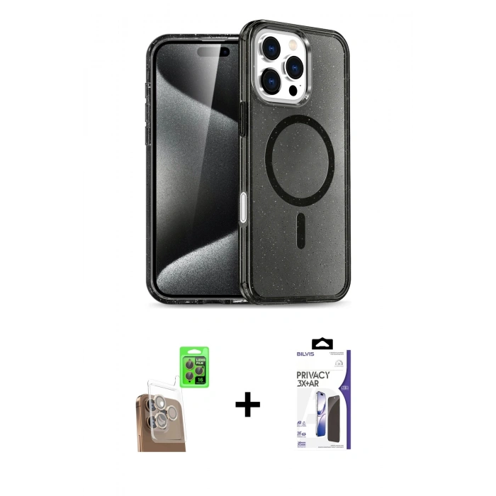 MARSİLYAN™- iPhone 16 Pro Max Kılıf Nova Asil Prime - Siyah Bilvis 3X AR Hayalet Cam Ekran Koruyucu + Raze Metal Kamera Lens - CLTM
