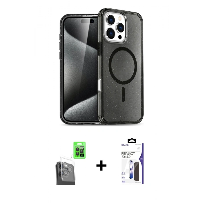 MARSİLYAN™- iPhone 16 Pro Max Kılıf Nova Asil Prime - Siyah Bilvis 3X AR Hayalet Cam Ekran Koruyucu + Raze Metal Kamera Lens - SH