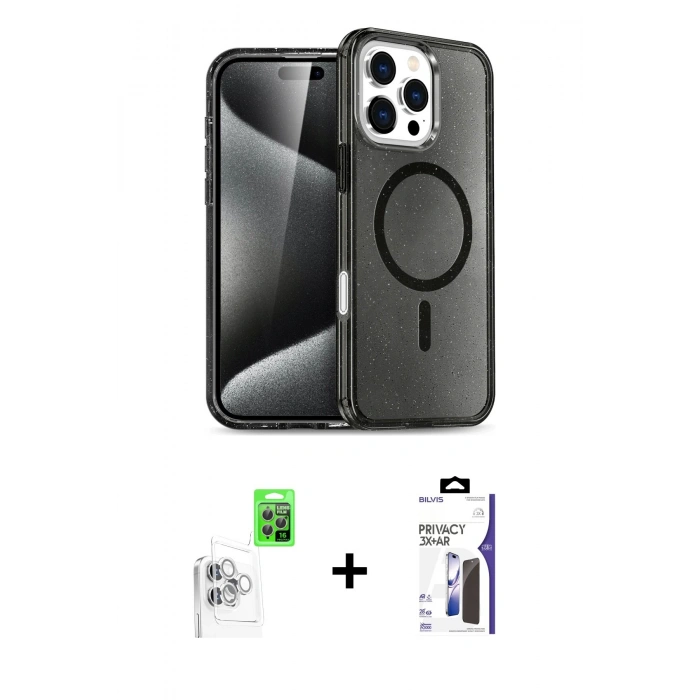 MARSİLYAN™- iPhone 16 Pro Max Kılıf Nova Asil Prime - Siyah Bilvis 3X AR Hayalet Cam Ekran Koruyucu + Raze Metal Kamera Lens - BZ