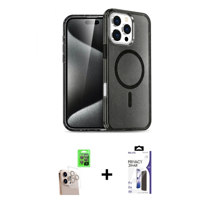 MARSİLYAN™- iPhone 16 Pro Max Kılıf Nova Asil Prime - Siyah Bilvis 3X AR Hayalet Cam Ekran Koruyucu + Raze Metal Kamera Lens - NLGY