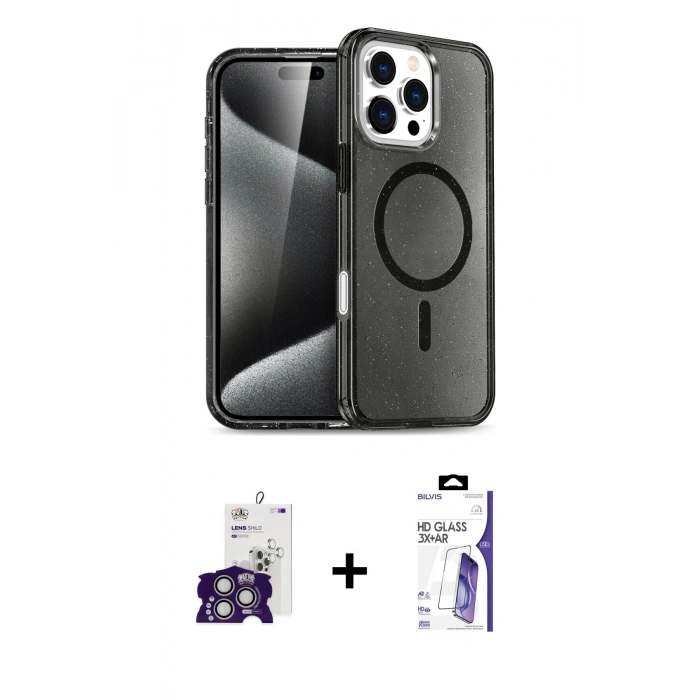 MARSİLYAN™- iPhone 16 Pro Max Kılıf Nova Asil Prime - Siyah Bilvis 3X AR HD Cam Ekran Koruyucu + Bilvis Titan Kamera Lens - GS