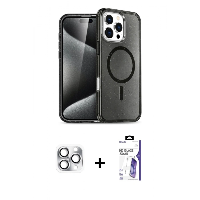 MARSİLYAN™- iPhone 16 Pro Max Kılıf Nova Asil Prime - Siyah Bilvis 3X AR HD Cam Ekran Koruyucu + Pers Alüminyum Kamera Lens - GS