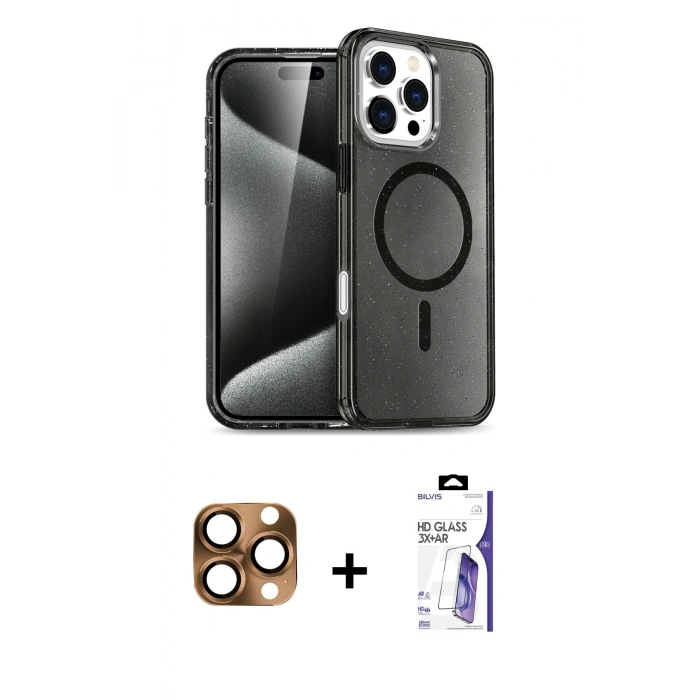 MARSİLYAN™- iPhone 16 Pro Max Kılıf Nova Asil Prime - Siyah Bilvis 3X AR HD Cam Ekran Koruyucu + Pers Alüminyum Kamera Lens - CLTM