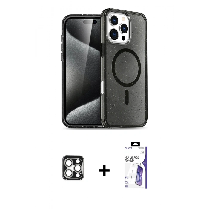 MARSİLYAN™- iPhone 16 Pro Max Kılıf Nova Asil Prime - Siyah Bilvis 3X AR HD Cam Ekran Koruyucu + PVD Metal Kamera Lens - GS