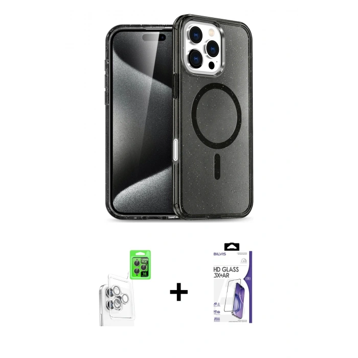 MARSİLYAN™- iPhone 16 Pro Max Kılıf Nova Asil Prime - Siyah Bilvis 3X AR HD Cam Ekran Koruyucu + Raze Metal Kamera Lens - BZ