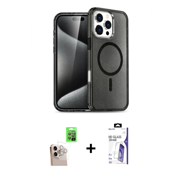 MARSİLYAN™- iPhone 16 Pro Max Kılıf Nova Asil Prime - Siyah Bilvis 3X AR HD Cam Ekran Koruyucu + Raze Metal Kamera Lens - NLGY