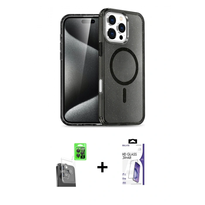 MARSİLYAN™- iPhone 16 Pro Max Kılıf Nova Asil Prime - Siyah Bilvis 3X AR HD Cam Ekran Koruyucu + Raze Metal Kamera Lens - SH