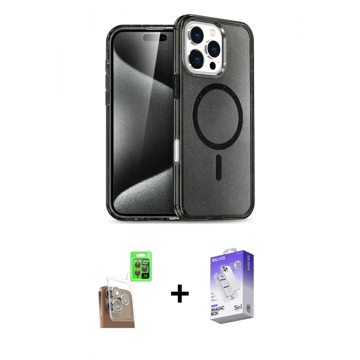 MARSİLYAN™- iPhone 16 Pro Max Kılıf Nova Asil Prime - Siyah Bilvis 5in1 3D Magic Cam Ekran Koruyucu + Raze Metal Kamera Lens - CLTM