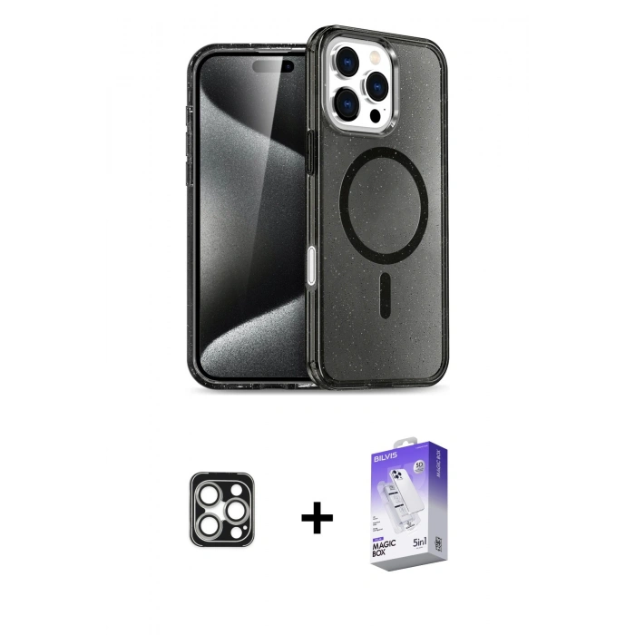 MARSİLYAN™- iPhone 16 Pro Max Kılıf Nova Asil Prime - Siyah Bilvis 5in1 3D Magic Cam Ekran Koruyucu + Gümüş PVD Metal Kamera Lens