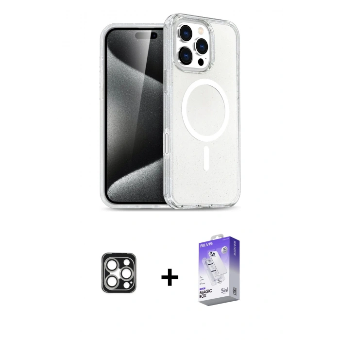MARSİLYAN™- iPhone 16 Pro Max Kılıf Nova Asil Prime - Siyah Bilvis 5in1 3D Magic Cam Ekran Koruyucu + Gümüş PVD Metal Kamera Lens