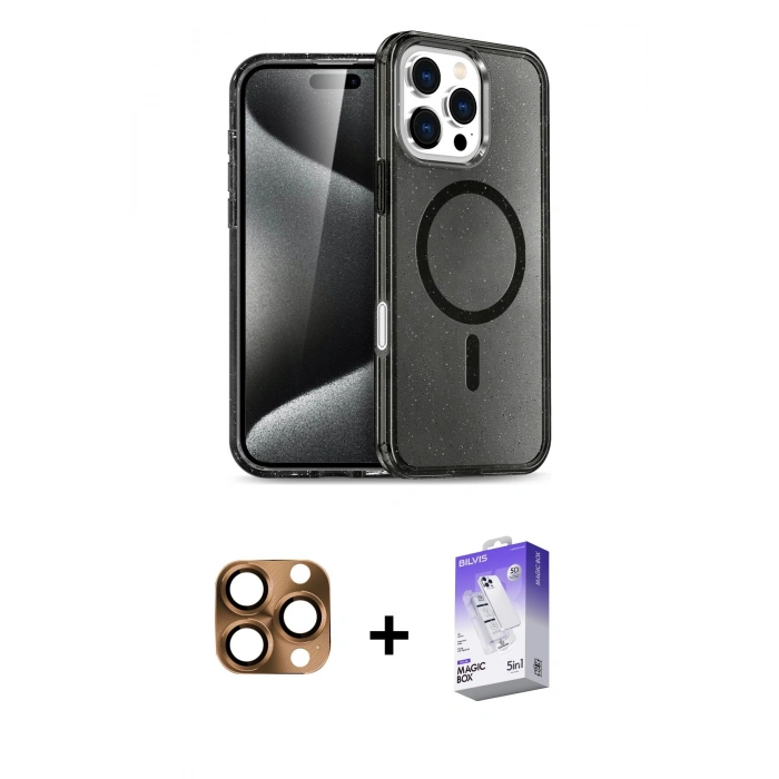 MARSİLYAN™- iPhone 16 Pro Max Kılıf Nova Asil Prime - Siyah Bilvis 5in1 3D Magic Cam Ekran Koruyucu + Pers Alüminyum Kamera Lens - CLTM