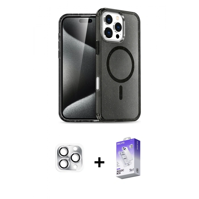 MARSİLYAN™- iPhone 16 Pro Max Kılıf Nova Asil Prime - Siyah Bilvis 5in1 3D Magic Cam Ekran Koruyucu + Pers Alüminyum Kamera Lens - GS