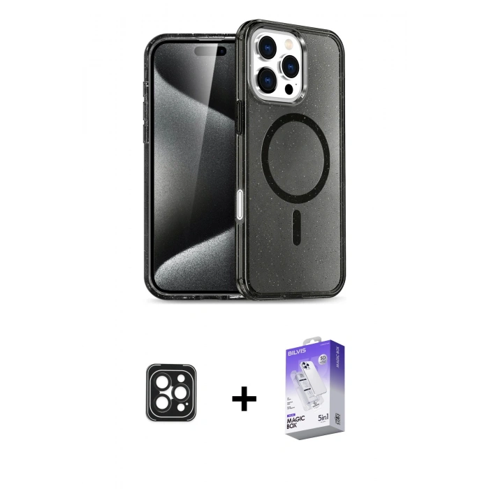 MARSİLYAN™- iPhone 16 Pro Max Kılıf Nova Asil Prime - Siyah Bilvis 5in1 3D Magic Cam Ekran Koruyucu + PVD Metal Kamera Lens - SH