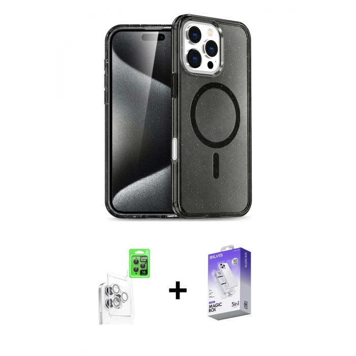 MARSİLYAN™- iPhone 16 Pro Max Kılıf Nova Asil Prime - Siyah Bilvis 5in1 3D Magic Cam Ekran Koruyucu + Raze Metal Kamera Lens - BZ