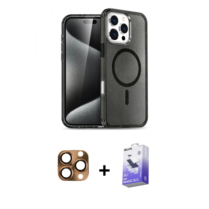 MARSİLYAN™- iPhone 16 Pro Max Kılıf Nova Asil Prime - Siyah Bilvis 5in1 5D Magic Hayalet Cam Ekran Koruyucu + Çöl Titanyum Pers Alüminyum Kamera Lens