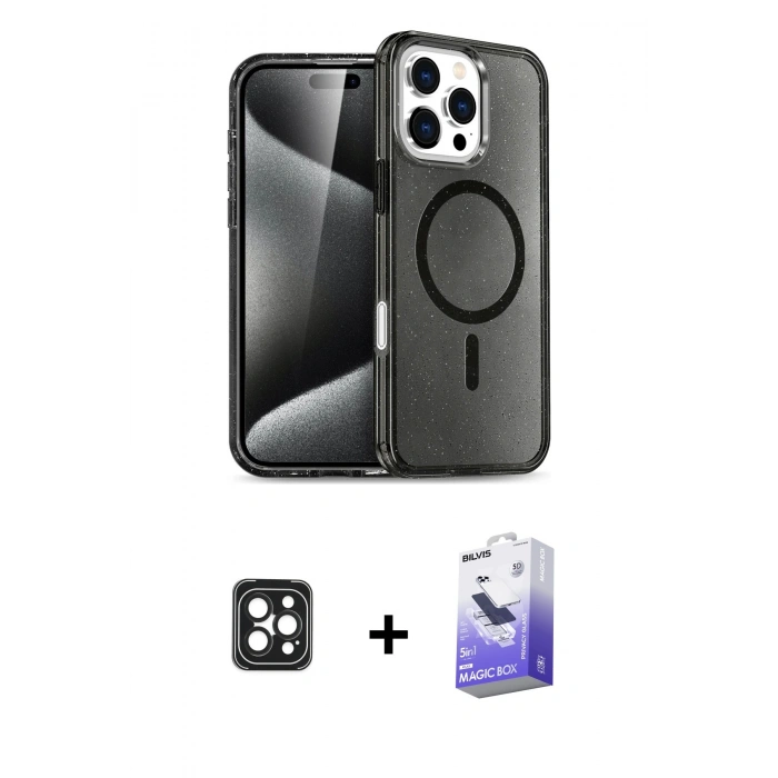 MARSİLYAN™- iPhone 16 Pro Max Kılıf Nova Asil Prime - Siyah Bilvis 5in1 5D Magic Hayalet Cam Ekran Koruyucu + PVD Metal Kamera Lens - SH