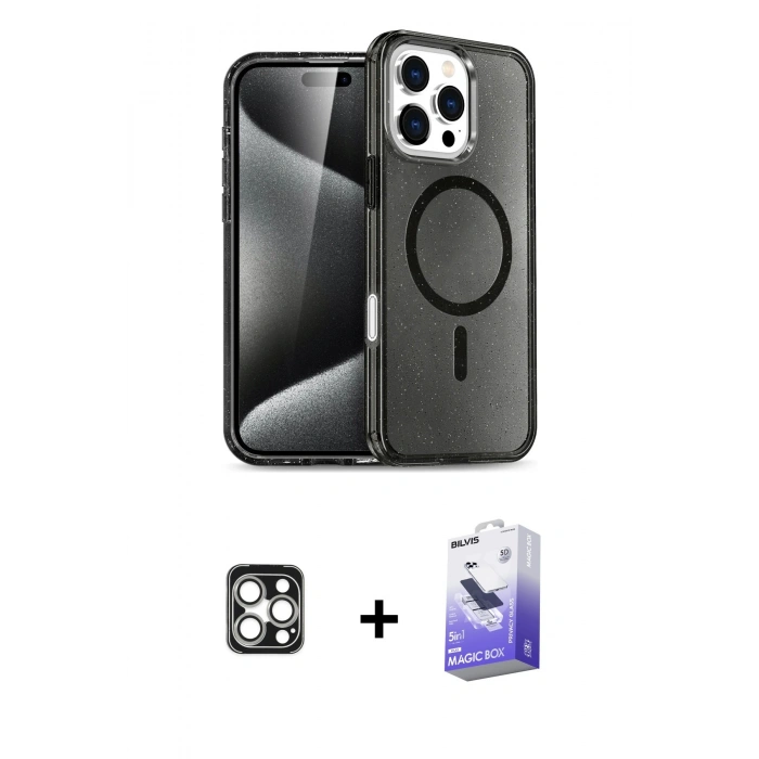 MARSİLYAN™- iPhone 16 Pro Max Kılıf Nova Asil Prime - Siyah Bilvis 5in1 5D Magic Hayalet Cam Ekran Koruyucu + PVD Metal Kamera Lens - GS