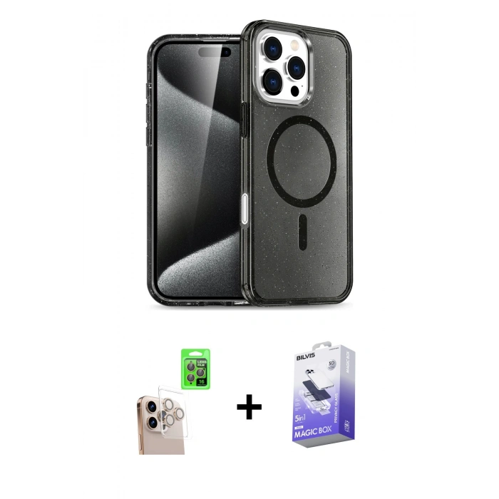 MARSİLYAN™- iPhone 16 Pro Max Kılıf Nova Asil Prime - Siyah Bilvis 5in1 5D Magic Hayalet Cam Ekran Koruyucu + Raze Metal Kamera Lens - NLGY
