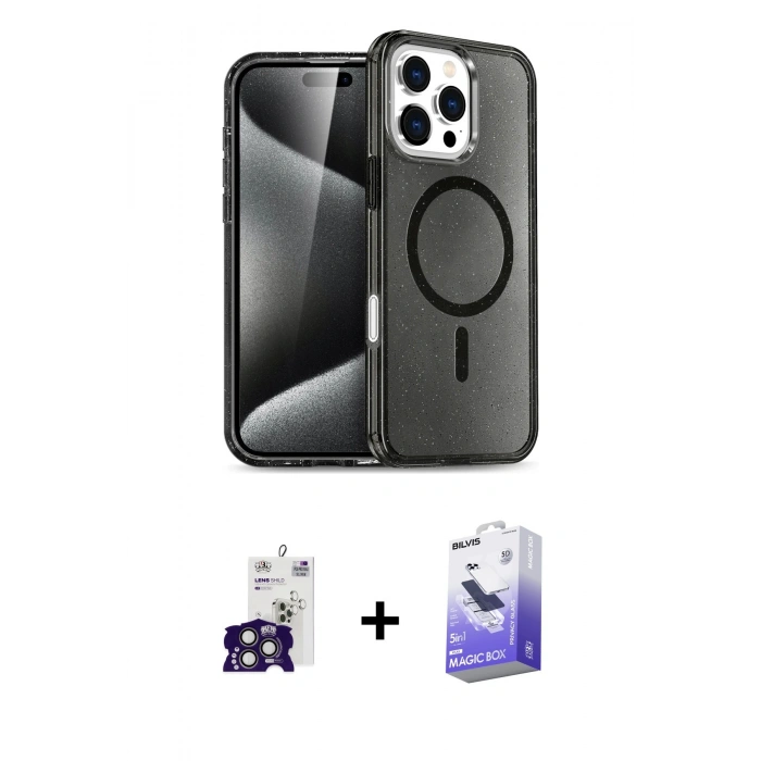 MARSİLYAN™- iPhone 16 Pro Max Kılıf Nova Asil Prime - Siyah Bilvis 5in1 5D Magic Hayalet Cam Ekran Koruyucu + Bilvis Titan Kamera Lens - TMGI