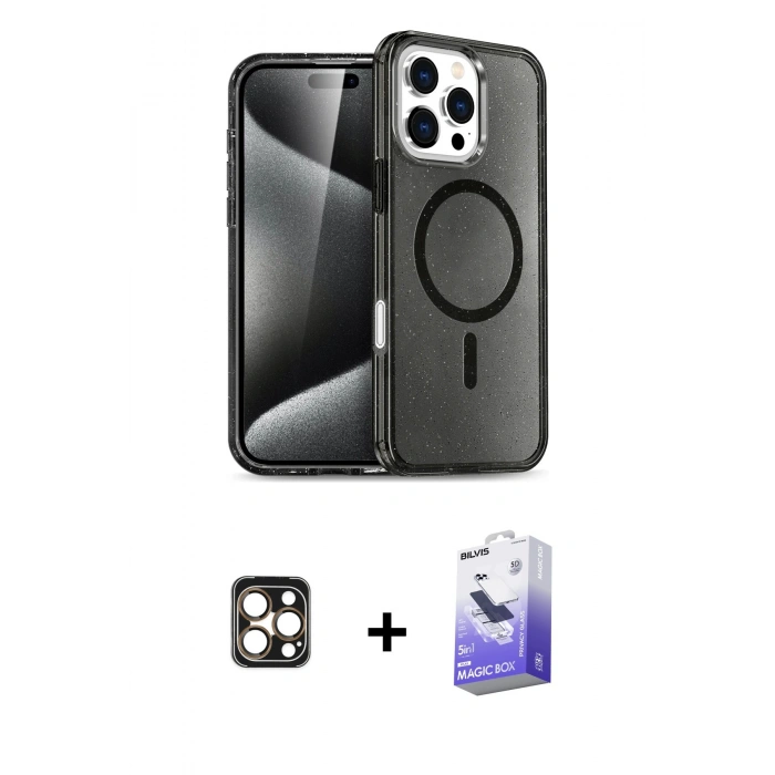 MARSİLYAN™- iPhone 16 Pro Max Kılıf Nova Asil Prime - Siyah Bilvis 5in1 5D Magic Hayalet Cam Ekran Koruyucu + PVD Metal Kamera Lens - GD