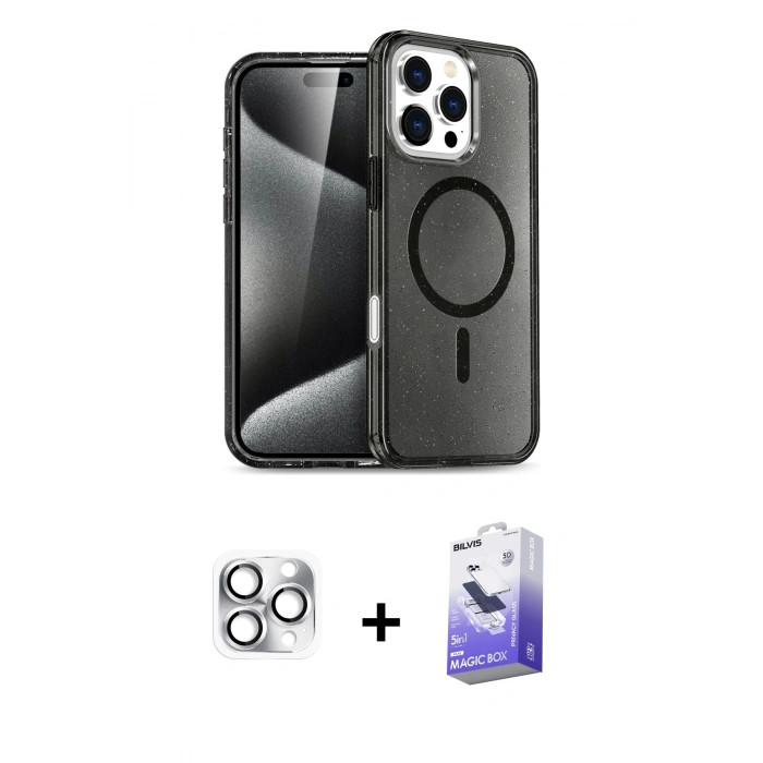 MARSİLYAN™- iPhone 16 Pro Max Kılıf Nova Asil Prime - Siyah Bilvis 5in1 5D Magic Hayalet Cam Ekran Koruyucu + Pers Alüminyum Kamera Lens - GS