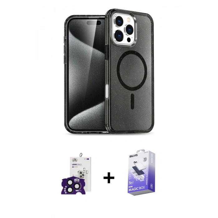 MARSİLYAN™- iPhone 16 Pro Max Kılıf Nova Asil Prime - Siyah Bilvis 5in1 5D Magic Hayalet Cam Ekran Koruyucu + Bilvis Titan Kamera Lens - SH
