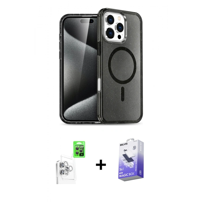 MARSİLYAN™- iPhone 16 Pro Max Kılıf Nova Asil Prime - Siyah Bilvis 5in1 5D Magic Hayalet Cam Ekran Koruyucu + Raze Metal Kamera Lens - BZ