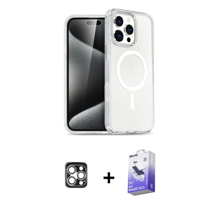 MARSİLYAN™- iPhone 16 Pro Max Kılıf Nova Asil Prime - Siyah Bilvis 5in1 5D Magic Hayalet Cam Ekran Koruyucu + PVD Metal Kamera Lens - GS