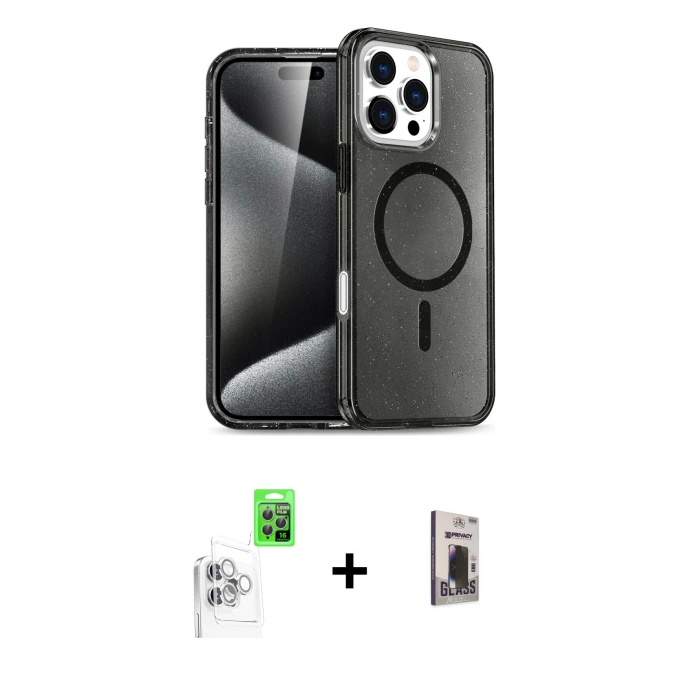 MARSİLYAN™- iPhone 16 Pro Max Kılıf Nova Asil Prime - Siyah Bilvis Hayalet Cam Ekran Koruyucu + Beyaz Raze Metal Kamera Lens