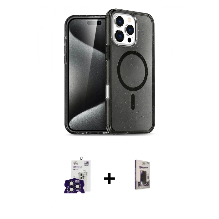 MARSİLYAN™- iPhone 16 Pro Max Kılıf Nova Asil Prime - Siyah Bilvis Hayalet Cam Ekran Koruyucu + Bilvis Titan Kamera Lens - TMGI