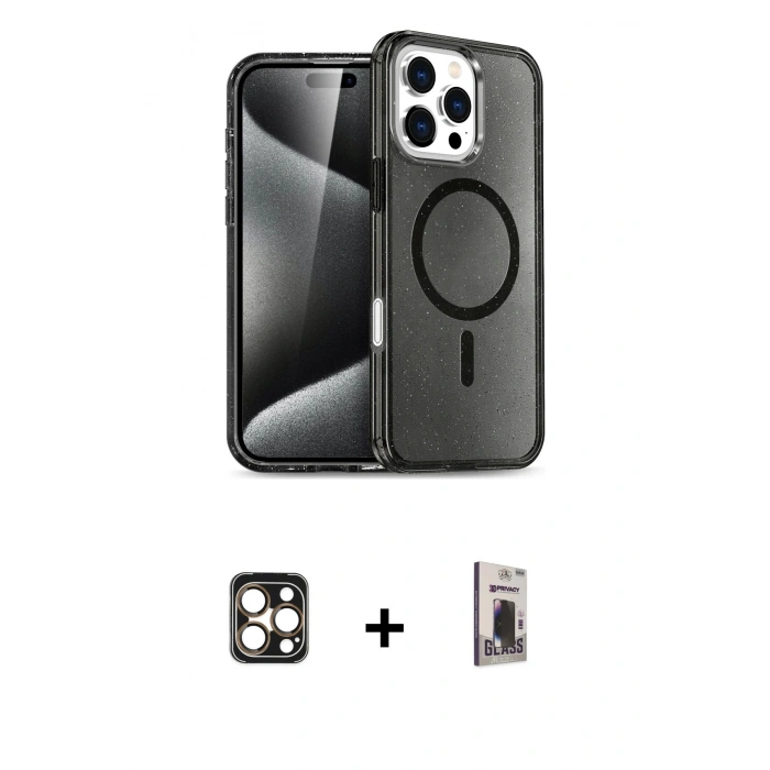 MARSİLYAN™- iPhone 16 Pro Max Kılıf Nova Asil Prime - Siyah Bilvis Hayalet Cam Ekran Koruyucu + PVD Metal Kamera Lens - GD