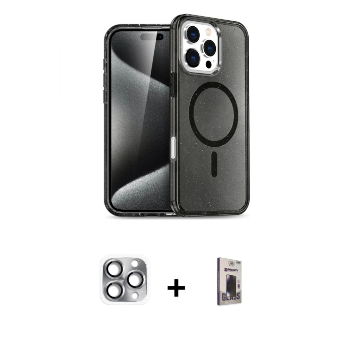 MARSİLYAN™- iPhone 16 Pro Max Kılıf Nova Asil Prime - Siyah Bilvis Hayalet Cam Ekran Koruyucu + Pers Alüminyum Kamera Lens - GI