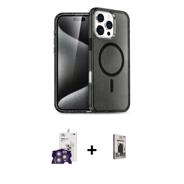 MARSİLYAN™- iPhone 16 Pro Max Kılıf Nova Asil Prime - Siyah Bilvis Hayalet Cam Ekran Koruyucu + Bilvis Titan Kamera Lens - GS