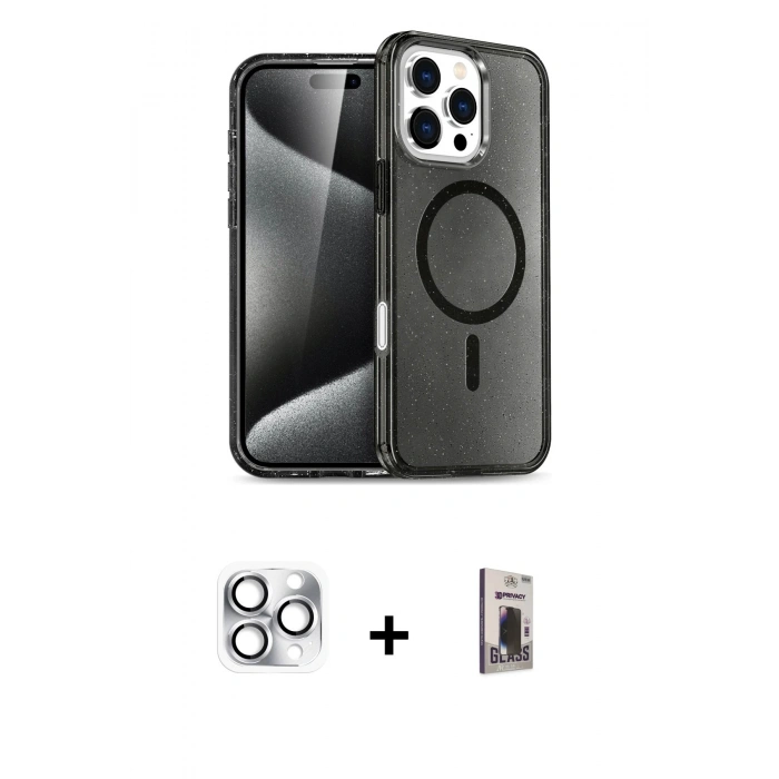 MARSİLYAN™- iPhone 16 Pro Max Kılıf Nova Asil Prime - Siyah Bilvis Hayalet Cam Ekran Koruyucu + Pers Alüminyum Kamera Lens - GS