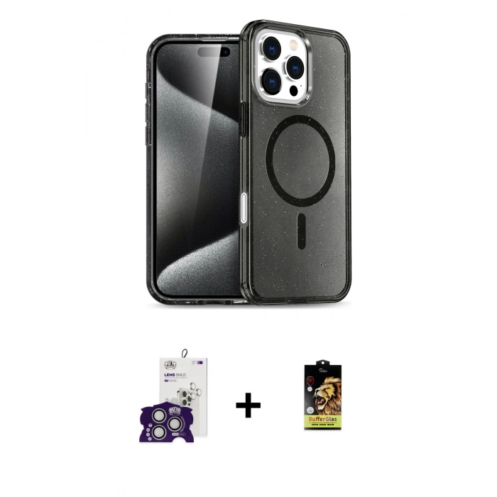 MARSİLYAN™- iPhone 16 Pro Max Kılıf Nova Asil Prime - Siyah Buffer Cam Ekran Koruyucu + Gümüş Bilvis Titan Kamera Lens