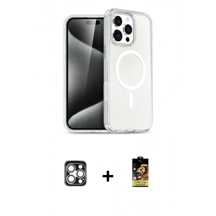 MARSİLYAN™- iPhone 16 Pro Max Kılıf Nova Asil Prime - Siyah Buffer Cam Ekran Koruyucu + Gümüş PVD Metal Kamera Lens