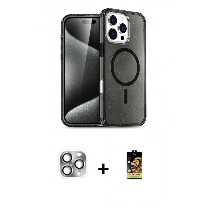 MARSİLYAN™- iPhone 16 Pro Max Kılıf Nova Asil Prime - Siyah Buffer Cam Ekran Koruyucu + Pers Alüminyum Kamera Lens - GI